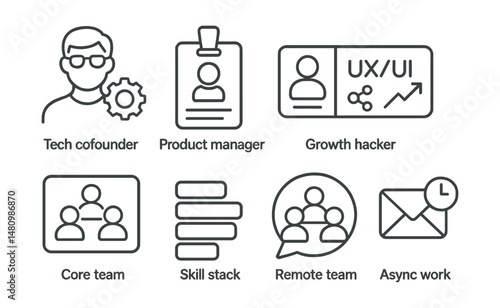 Line style icons of team and roles in startups: tech cofounder icon, product manager badge, UX/UI designer tag, growth hacker file, core team board, skill stack chart, remote team bubble, async work