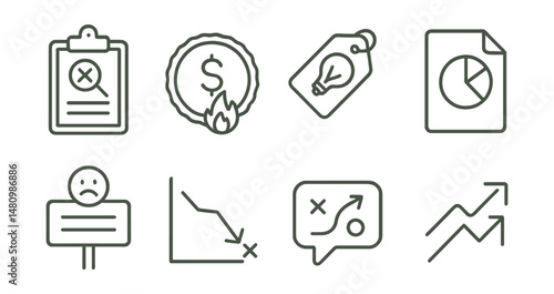 Line style icons of startup failure lessons: post-mortem icon, funding run out badge, idea didn’t scale tag, wrong market file, founder fatigue board, user churn chart, pivot insight bubble, fail
