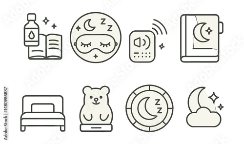 Line style icons of relaxation for sleep: bedtime routine icon, sleep mask badge, white noise tag, sleep journal file, comfortable bed board, nightlight chart, sleep tracker bubble, restful night