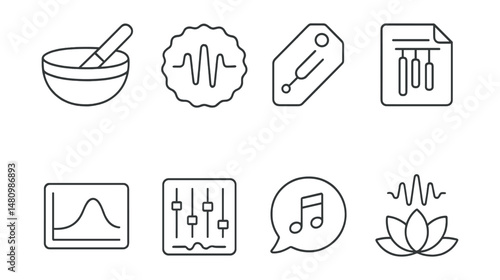 Line style icons of sound healing: singing bowl icon, sound wave badge, tuning fork tag, chimes file, frequency chart, healing sound board, music therapy bubble, sound therapy symbol.