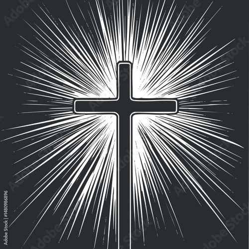 Black cross with radiant white light rays on dark background symbolizing Christian faith and spirituality