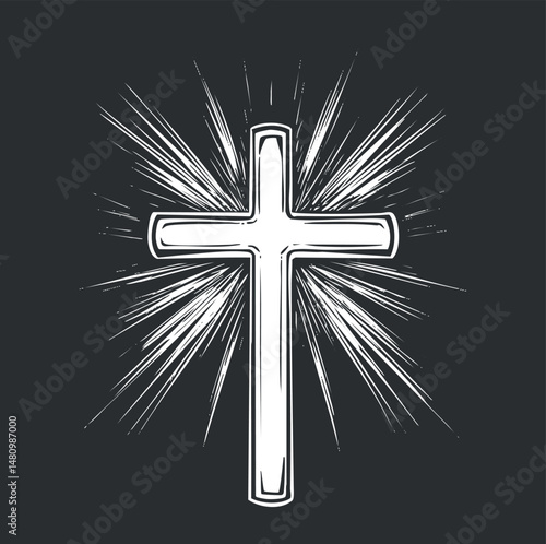 White Christian cross with radiant light rays on black background symbolizing faith and spirituality