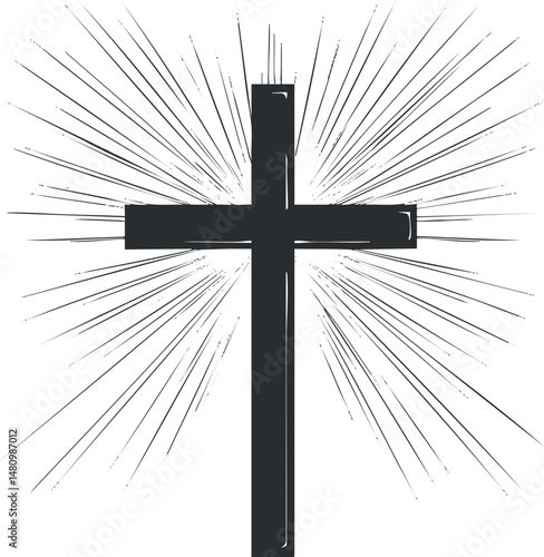 Black Christian cross with radiant rays background symbolizing faith and spirituality