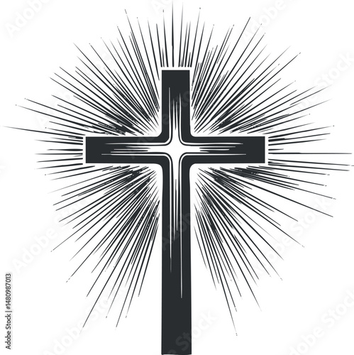 Black Christian cross with radiant glowing light rays symbolizing faith and spirituality