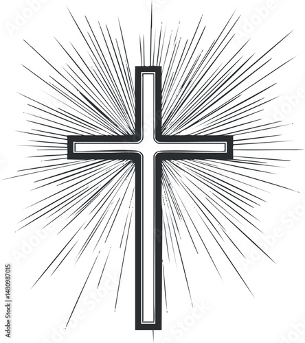 Black and white illustration of a Christian cross with radiant light rays shining outward symbolizing faith and spirituality