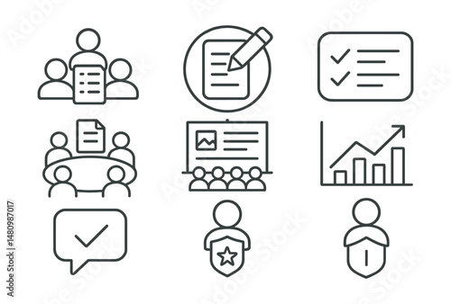 Line style icons of remote work meetings: team agenda icon, meeting notes badge, action items tag, roundtable file, team updates board, next steps chart, follow-up bubble, leadership symbol.