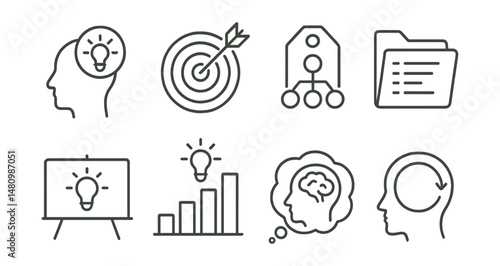 Line style icons of mental clarity for productivity: clear thought icon, focus booster badge, mind map tag, thought organizer file, mental clean slate board, idea clarity chart, focused thought