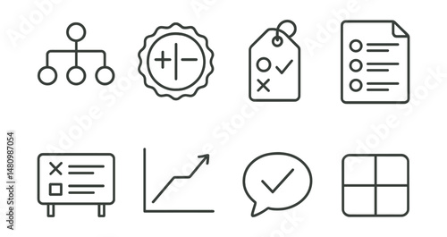 Line style icons of decision-making: decision tree icon, pros/cons badge, choice option tag, decision list file, evaluation board, outcome chart, best choice bubble, decision matrix symbol.