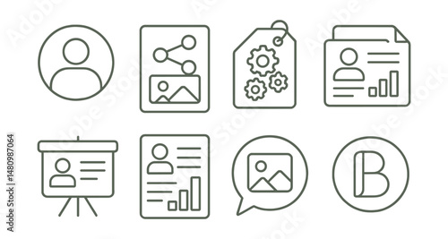 Line style icons of digital presence and self-promotion: professional profile icon, portfolio share badge, skill showcase tag, online presence file, LinkedIn update board, public CV chart, showcase