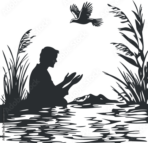 Silhouette of a man praying beside a calm river surrounded by tall reeds with a bird flying overhead