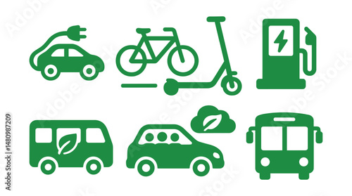 Solid style icons of green transportation: electric car, bike lane, shared scooter, charging station, eco bus, low-emission icon, carpool badge, public transit.