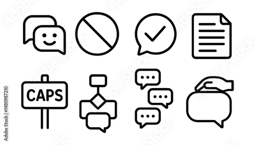 Line style icons of chat etiquette and rules: respectful tone icon, no spam badge, share only needed tag, be clear file, avoid caps board, “ask before send” chart, no flooding bubble, polite message