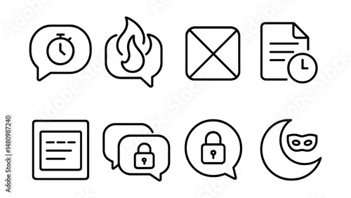 Line style icons of privacy in chat: message timer icon, self-destructing message badge, no screenshots tag, message expiration file, disappearing text board, private conversation chart, secure reply