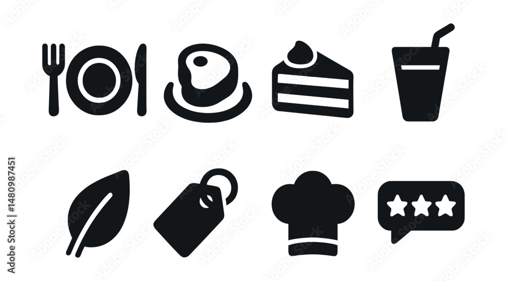 Solid style icons of restaurant menus: starter plate, main course, dessert slice, beverage icon, dietary label, price tag, chef’s pick, customer review. Solid style icons of restaurant menus: starter plate, main course, dessert slice, beverage icon, dietary label, price tag, chef’s pick, customer review.