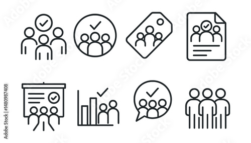 Line style icons of group voting: team vote icon, collective decision badge, weighted vote tag, majority rule file, team survey board, group input chart, everyone votes bubble, group consensus symbol