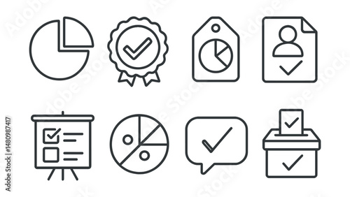 Line style icons of voting results: pie chart icon, vote tally badge, result breakdown tag, winner declared file, opinion survey board, percentage chart, final count bubble, democratic result symbol.