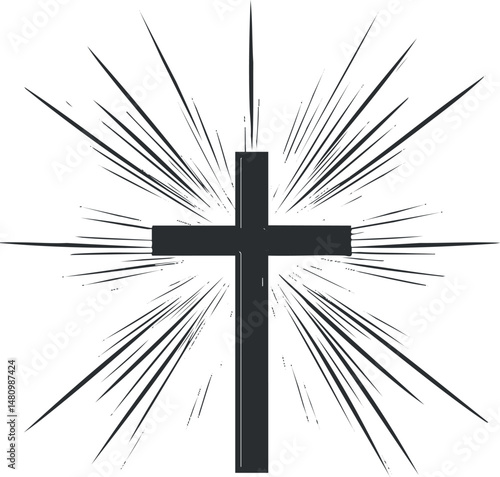 Silhouette of a black Christian cross with radiant light rays on white background symbolizing faith and spirituality.