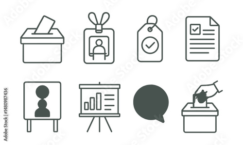 Line style icons of election day essentials: ballot box icon, voting booth badge, cast vote tag, voting paper file, election campaign board, polling station chart, voter ID bubble, cast your ballot