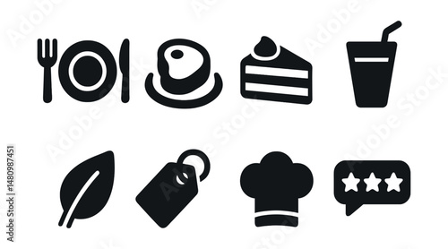 Solid style icons of restaurant menus: starter plate, main course, dessert slice, beverage icon, dietary label, price tag, chef’s pick, customer review.