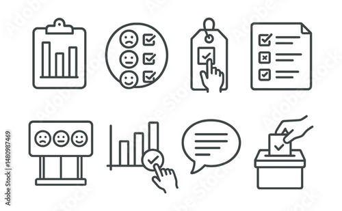 Line style icons of voting and public opinion: public poll icon, feedback survey badge, vote count tag, social media poll file, public sentiment board, voting response chart, opinion bubble, direct