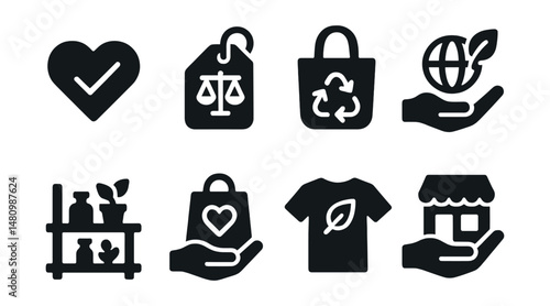 Solid style icons of conscious consumerism: ethical choice, fair label, reusable bag, sustainable product, eco shelf, conscious buy, slow fashion, support local.