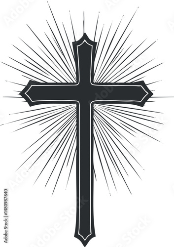 Black Christian cross with radiating light rays symbolizing faith and spirituality on white background