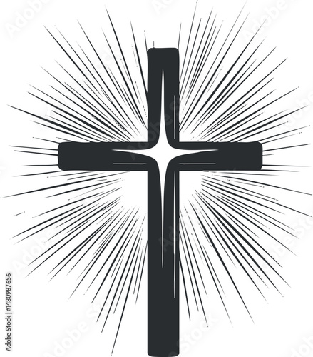 Black Christian cross with radiant light rays shining outward symbolizing faith and spirituality