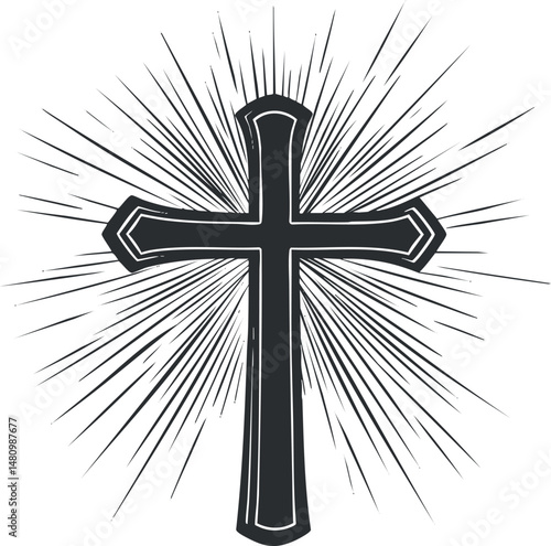 Black and white illustration of a Christian cross with radiant light rays symbolizing faith and spirituality