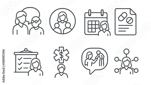 Line style icons of caregiver support: caregiver chat icon, family updates badge, appointment schedule tag, medication log file, care routine board, emergency support chart, assistance bubble, care
