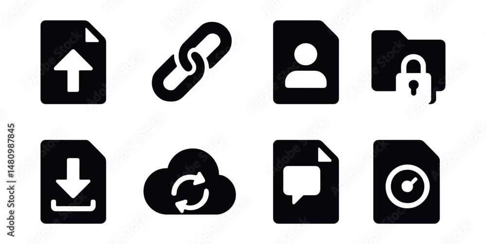 Solid style icons of file sharing services: upload file, share link, access request, folder lock, download icon, cloud sync, comment note, activity log. Solid style icons of file sharing services: upload file, share link, access request, folder lock, download icon, cloud sync, comment note, activity log.