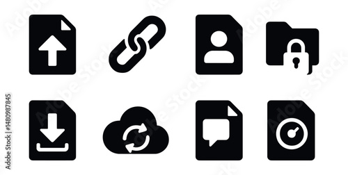 Solid style icons of file sharing services: upload file, share link, access request, folder lock, download icon, cloud sync, comment note, activity log.