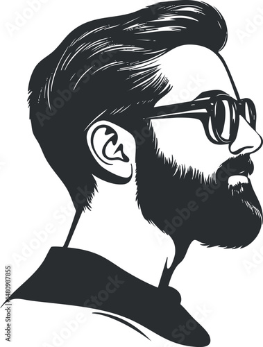 Black and white vector illustration of a stylish man with beard and glasses in side profile