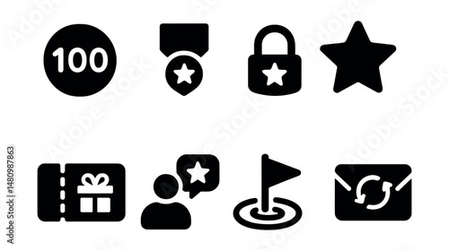 Solid style icons of customer loyalty programs: point balance, tier badge, gift unlock, exclusive icon, coupon card, refer icon, milestone icon, renewal notice.