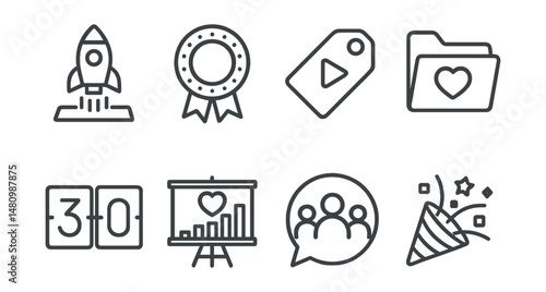 Line style icons of crowdfunding event: campaign launch icon, online event badge, live stream tag, donation drive file, event countdown board, charity auction chart, virtual gala bubble, backer party