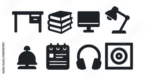 Solid style icons of home study setup: study desk, book stack, screen stand, task lamp, timer bell, planner pad, headphone set, focus wall.