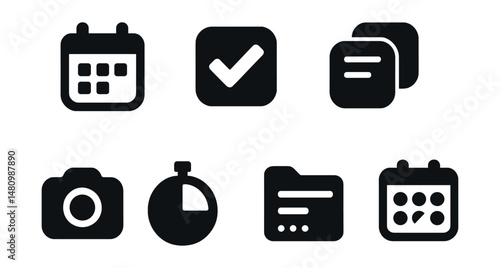 Solid style icons of mobile productivity: calendar icon, focus task, note icon, app switcher, quick capture, timer badge, project tab, habit tracker.