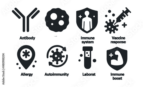Solid style icons of immunology: antibody icon, white blood cell, immune system, vaccine response, allergy marker, autoimmune symbol, lab sample, immune boost.