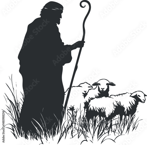 Silhouette of a shepherd standing with a staff watching over three sheep grazing in the grass.