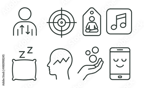Line style icons of mindfulness apps: breathing reminder icon, mindful focus badge, daily meditation tag, calming audio file, sleep sound board, guided visualization chart, emotional release bubble,