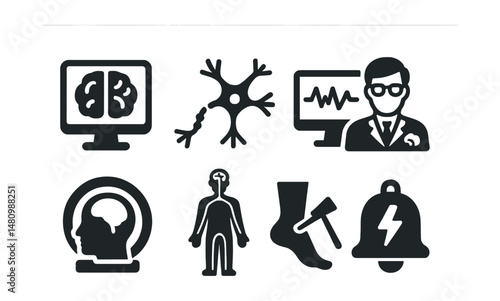 Solid style icons of neurology: brain scan, neuron icon, EEG monitor, neurologist, head MRI, nervous system, reflex test, seizure alert.