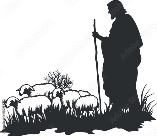 Silhouette of a shepherd standing with a staff watching over a flock of sheep grazing in the grass.