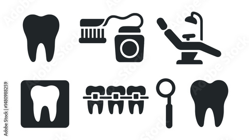 Solid style icons of dental care: tooth icon, toothbrush, dental floss, dentist chair, dental x-ray, braces, mouth mirror, tooth decay.