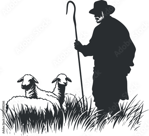 Silhouette of a shepherd standing with a staff watching over three sheep grazing in grassy pasture