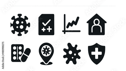 Solid style icons of infectious diseases: virus cell, test result, fever chart, isolation icon, antiviral meds, outbreak tracker, pathogen icon, disease control.