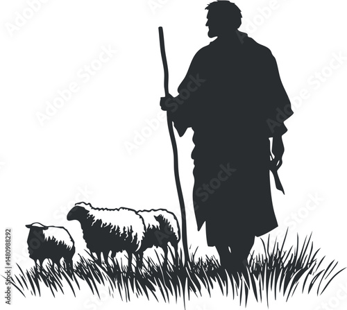 Silhouette of a shepherd standing in grass with three sheep grazing in a rural outdoor setting.