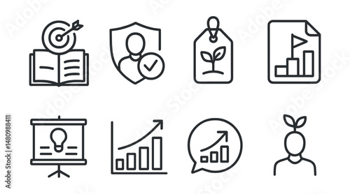 Line style icons of personal development for productivity: learning goals icon, self-improvement badge, growth mindset tag, progress milestone file, skill development board, growth chart, ability