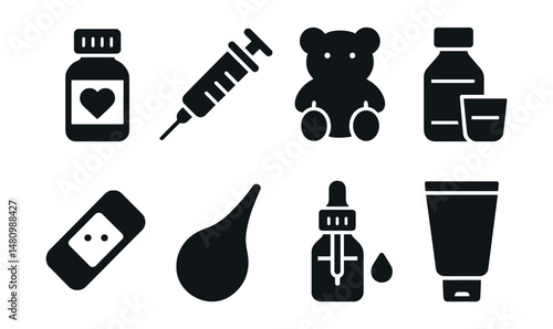 Solid style icons of children’s pharmacy items: baby medicine, liquid syringe, gummy vitamins, kids cough syrup, fever patch, nasal aspirator, infant drops, teething gel.