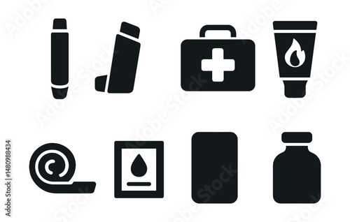 Solid style icons of emergency pharmacy items: epipen, rescue inhaler, emergency med bag, burn cream, bandage roll, antiseptic wipe, fever reducer, poison antidote.