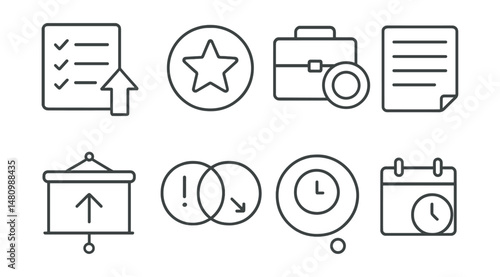 Line style icons of task prioritization: priority list icon, urgent task badge, quick decision tag, key objectives file, top priority board, important vs urgent chart, task focus bubble, deadline
