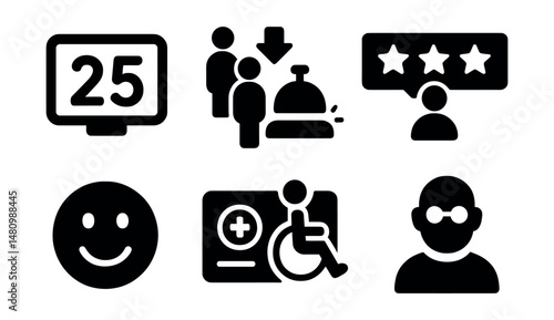 Solid style icons of customer pharmacy experience: number display, waiting line, assistance bell, customer review, satisfaction smile, pharmacy card, accessibility icon, senior discount.